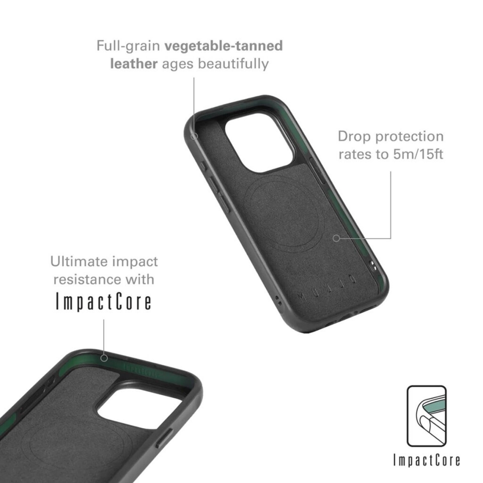 Funda de piel para Iphone 15 Pro Impact Negra con Magsafe y protección 5M Mujjo - 3