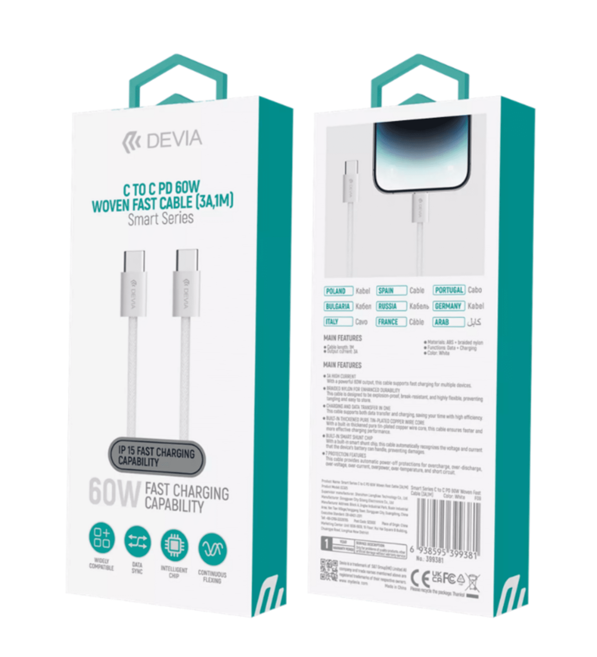 Cable de carga USB-C  USB-C 60 W blanco de 1M Devia - 2